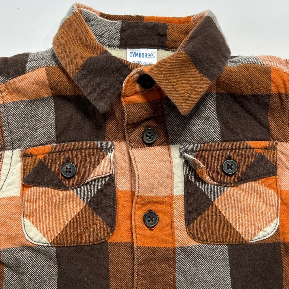Gymboree Boys Plaid Flannel Shirt Orange Brown Cream Gray Size 12-18 Months‎